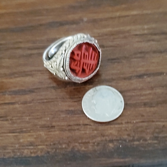 ANTIQUE STERLING SILVER  CORAL  RING - Picture 7 of 8